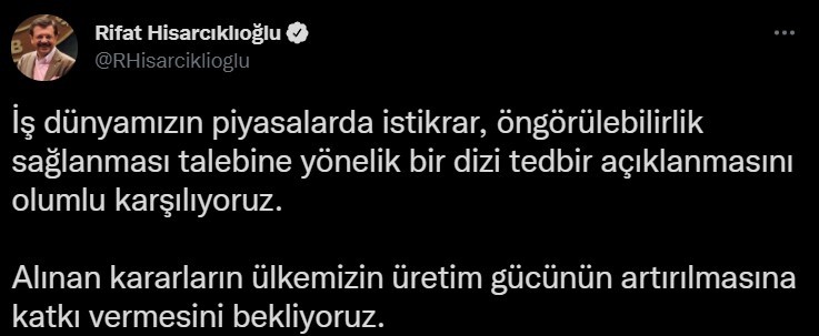 TOBB Başkanı Hisarcıklıoğlu: “Yapılan bir dizi tedbir açıklanmasını  olumlu karşılıyoruz”
